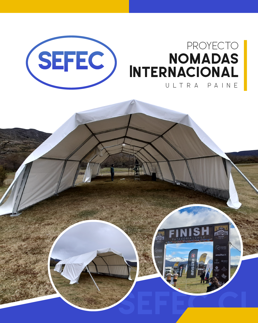 Proyecto Nómadas Internacional con estructura modular instalada para evento deportivo en paisaje abierto.