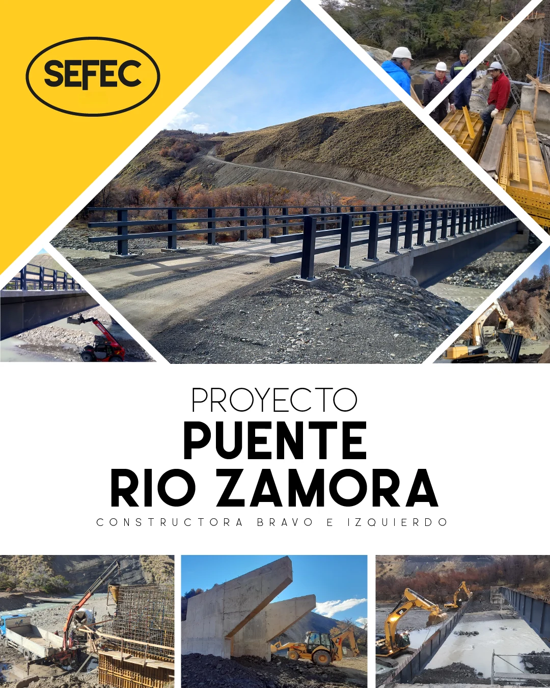 Proyecto Puente Río Zamora con estructura vial y labores de construcción en cauce abierto.
